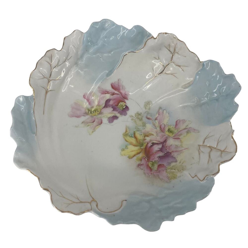 Vintage RS Prussia Hidden Image Bowl Tiffany Rim Gold Medallion 10" leaf Flower
